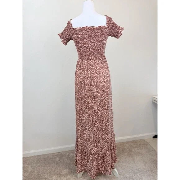 Mi Ami Womens Small Floral Smocked Midi Dress Rust Red White Off Shoulder Boho - Picture 2 of 9